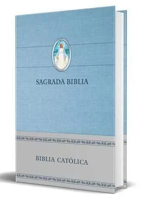 Portada de Biblia catolica en espanol. Tapa dura azul, con virgen milagrosa en cubierta