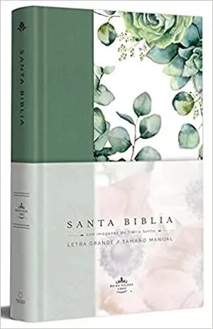 Portada de Biblia rvr 1960 letra grande tapa dura y tela verde con flores tamaño manual