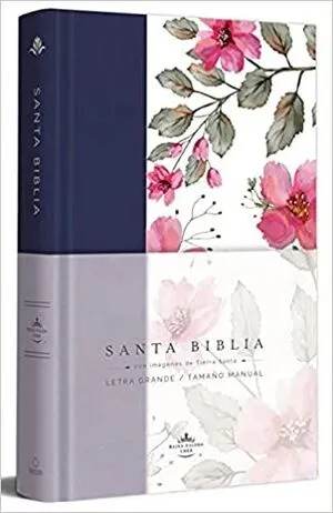 Portada de Biblia rvr 1960 letra grande tapa dura y tela azul púrpura con flores tamaño manual