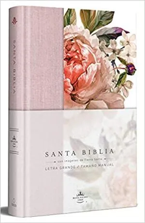 Portada de Biblia reina valera 1960 letra grande. Tapa dura, tela rosada con flores, tamaño manual