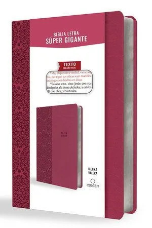 Portada de Biblia reina valera letra súper gigante, símil piel fucsia