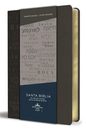 Portada de Biblia rvr 1960 letra grande tamaño manual, simil piel gris con nombres de dios texto grande