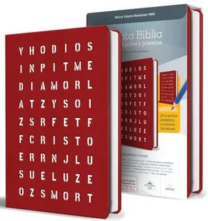 Portada de Biblia rvr 1960 para regalos y premios, rojo con sopa de letras