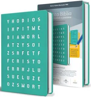 Portada de Biblia rvr 1960 para regalos y premios, aguamarina con sopa de letras